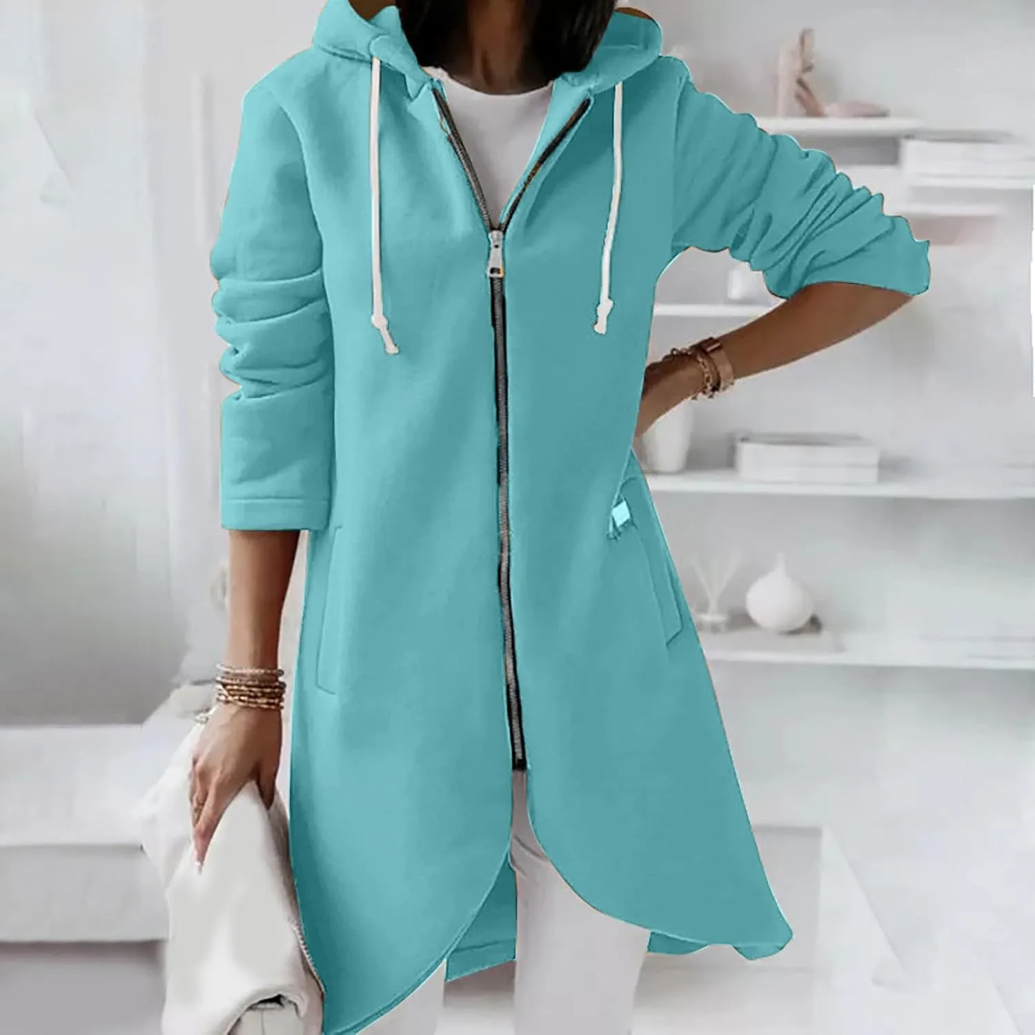 Women Long Zipper Hoodie, Long Sleeve Hooded Sweatshirt Fleece Drawstring Jacket Oversized Tunic Cardigan with Pocket