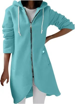 Women Long Zipper Hoodie, Long Sleeve Hooded Sweatshirt Fleece Drawstring Jacket Oversized Tunic Cardigan with Pocket