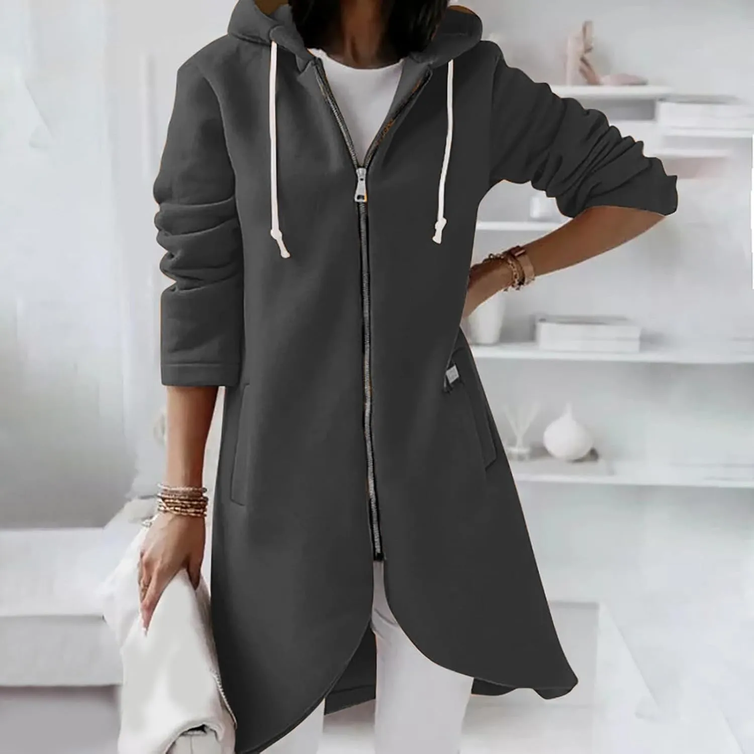 Women Long Zipper Hoodie, Long Sleeve Hooded Sweatshirt Fleece Drawstring Jacket Oversized Tunic Cardigan with Pocket