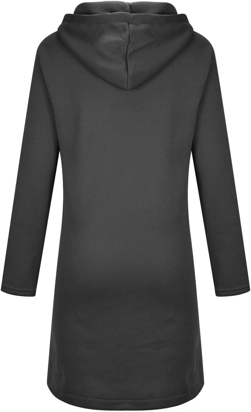 Women Long Zipper Hoodie, Long Sleeve Hooded Sweatshirt Fleece Drawstring Jacket Oversized Tunic Cardigan with Pocket