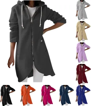 Women Long Zipper Hoodie, Long Sleeve Hooded Sweatshirt Fleece Drawstring Jacket Oversized Tunic Cardigan with Pocket