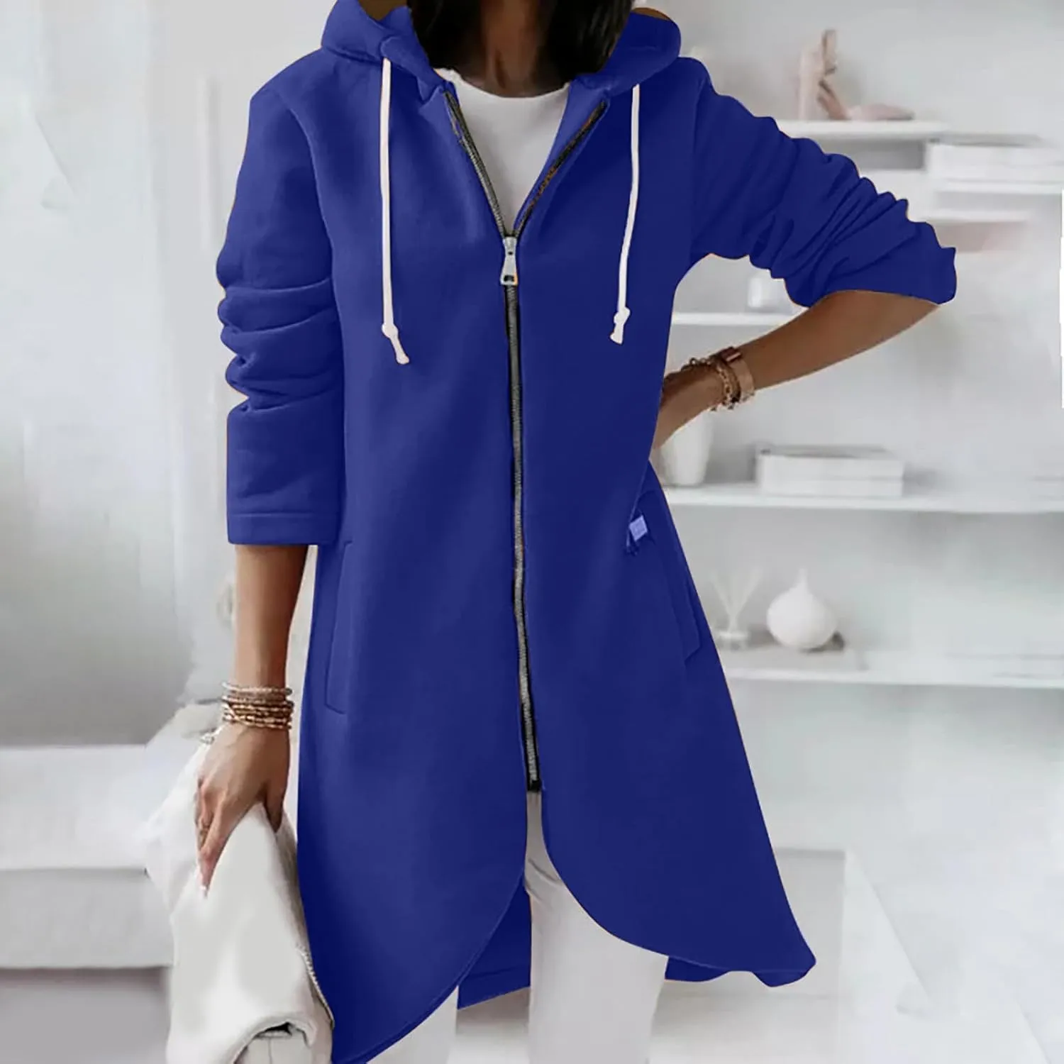 Women Long Zipper Hoodie, Long Sleeve Hooded Sweatshirt Fleece Drawstring Jacket Oversized Tunic Cardigan with Pocket