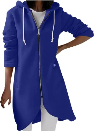 Women Long Zipper Hoodie, Long Sleeve Hooded Sweatshirt Fleece Drawstring Jacket Oversized Tunic Cardigan with Pocket