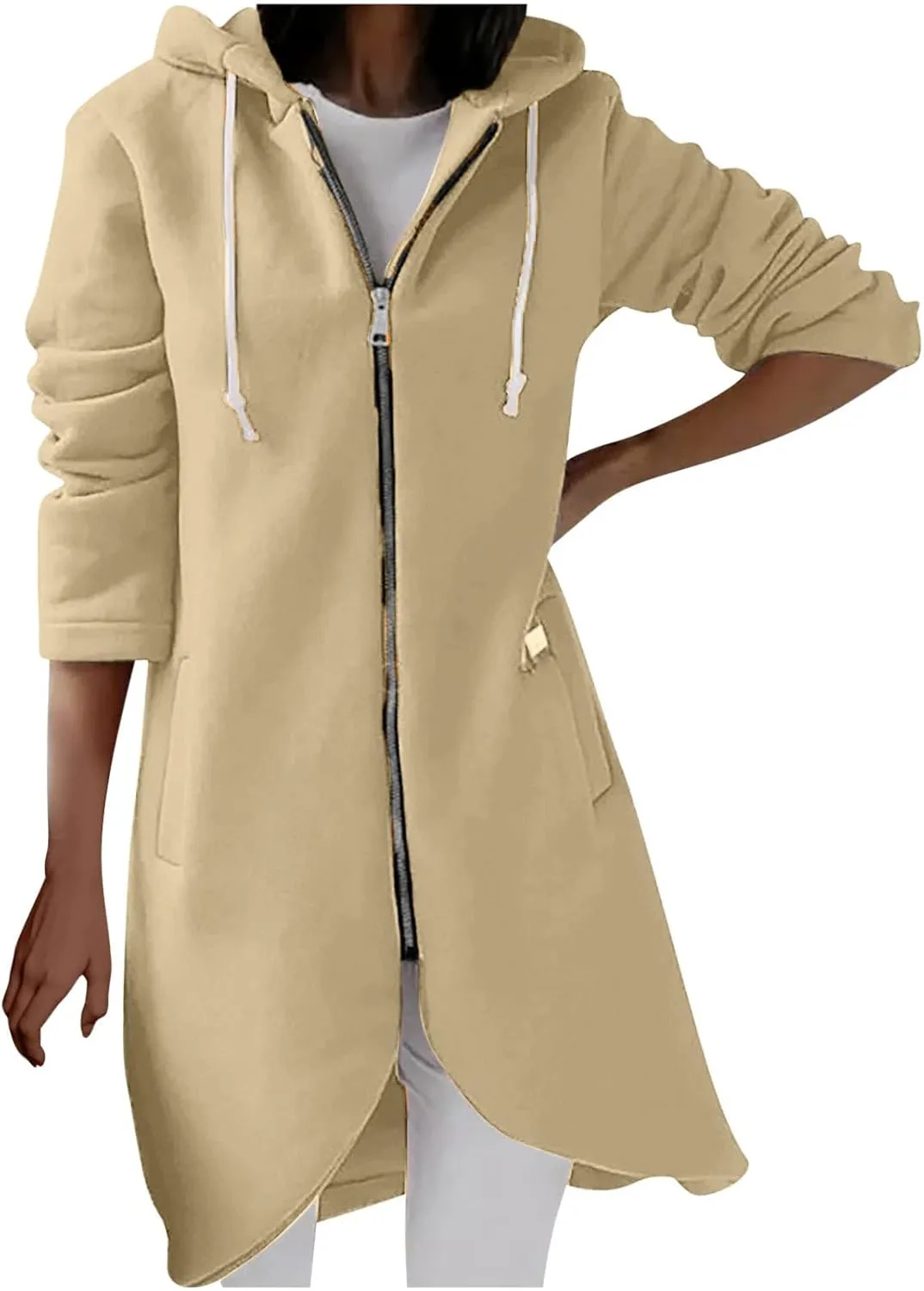 Women Long Zipper Hoodie, Long Sleeve Hooded Sweatshirt Fleece Drawstring Jacket Oversized Tunic Cardigan with Pocket