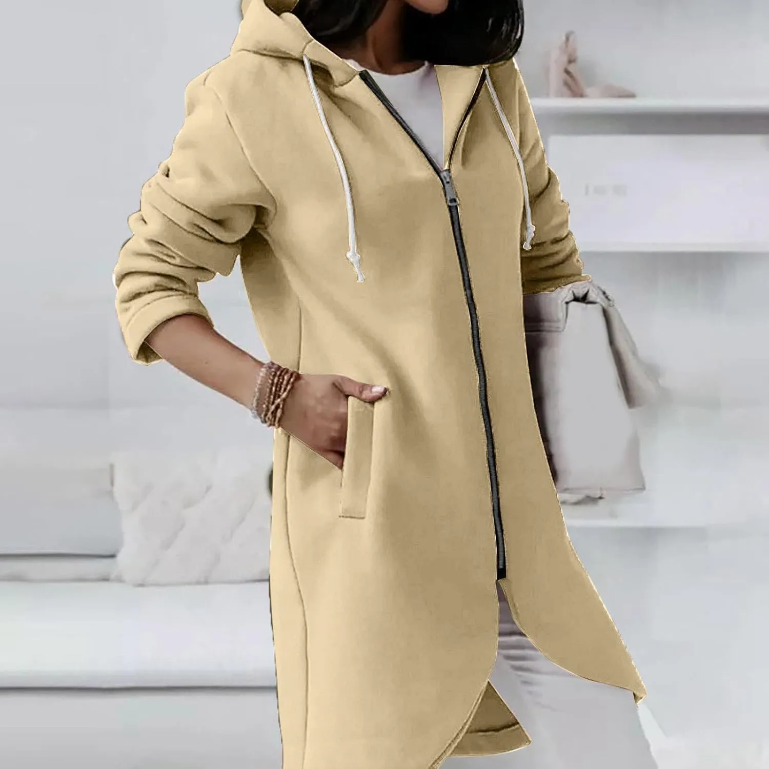 Women Long Zipper Hoodie, Long Sleeve Hooded Sweatshirt Fleece Drawstring Jacket Oversized Tunic Cardigan with Pocket