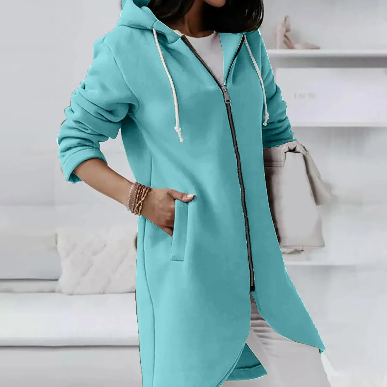 Women Long Zipper Hoodie, Long Sleeve Hooded Sweatshirt Fleece Drawstring Jacket Oversized Tunic Cardigan with Pocket