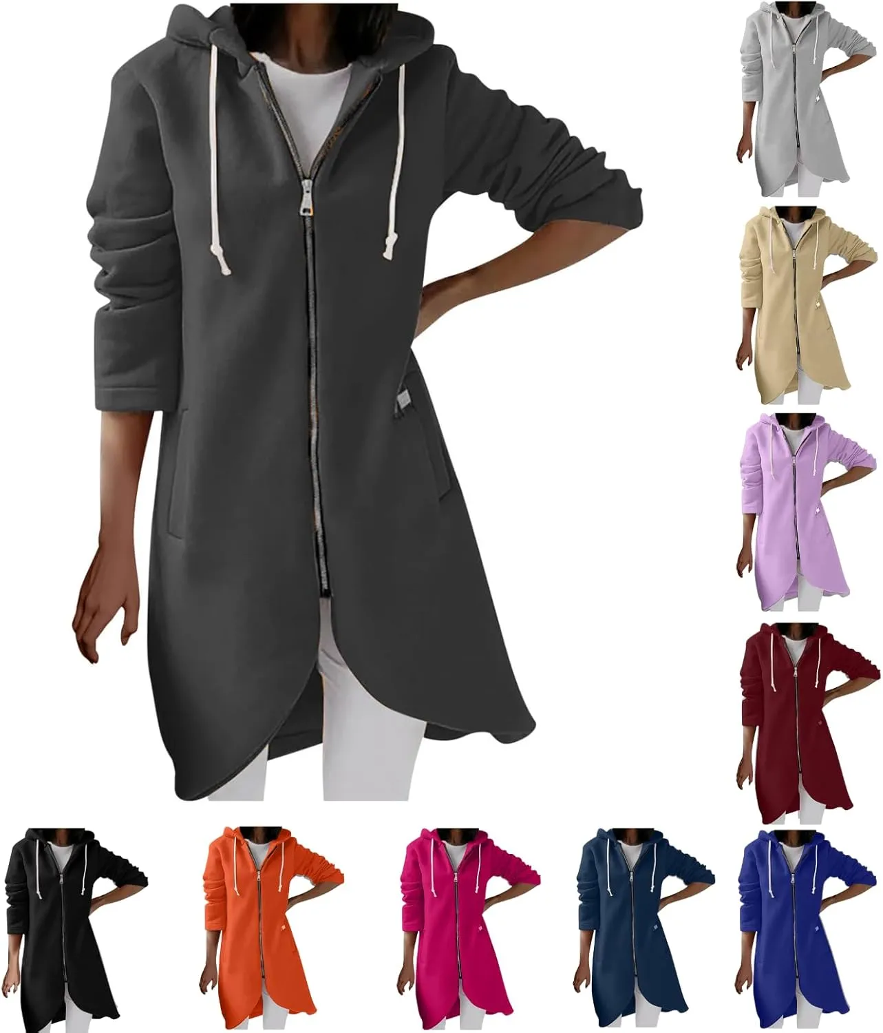Women Long Zipper Hoodie, Long Sleeve Hooded Sweatshirt Fleece Drawstring Jacket Oversized Tunic Cardigan with Pocket