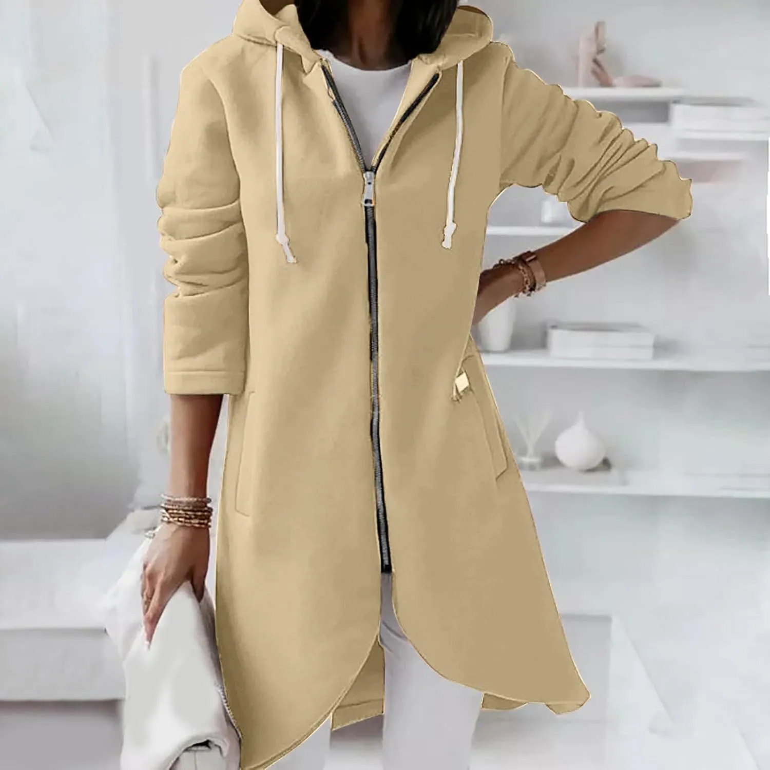 Women Long Zipper Hoodie, Long Sleeve Hooded Sweatshirt Fleece Drawstring Jacket Oversized Tunic Cardigan with Pocket