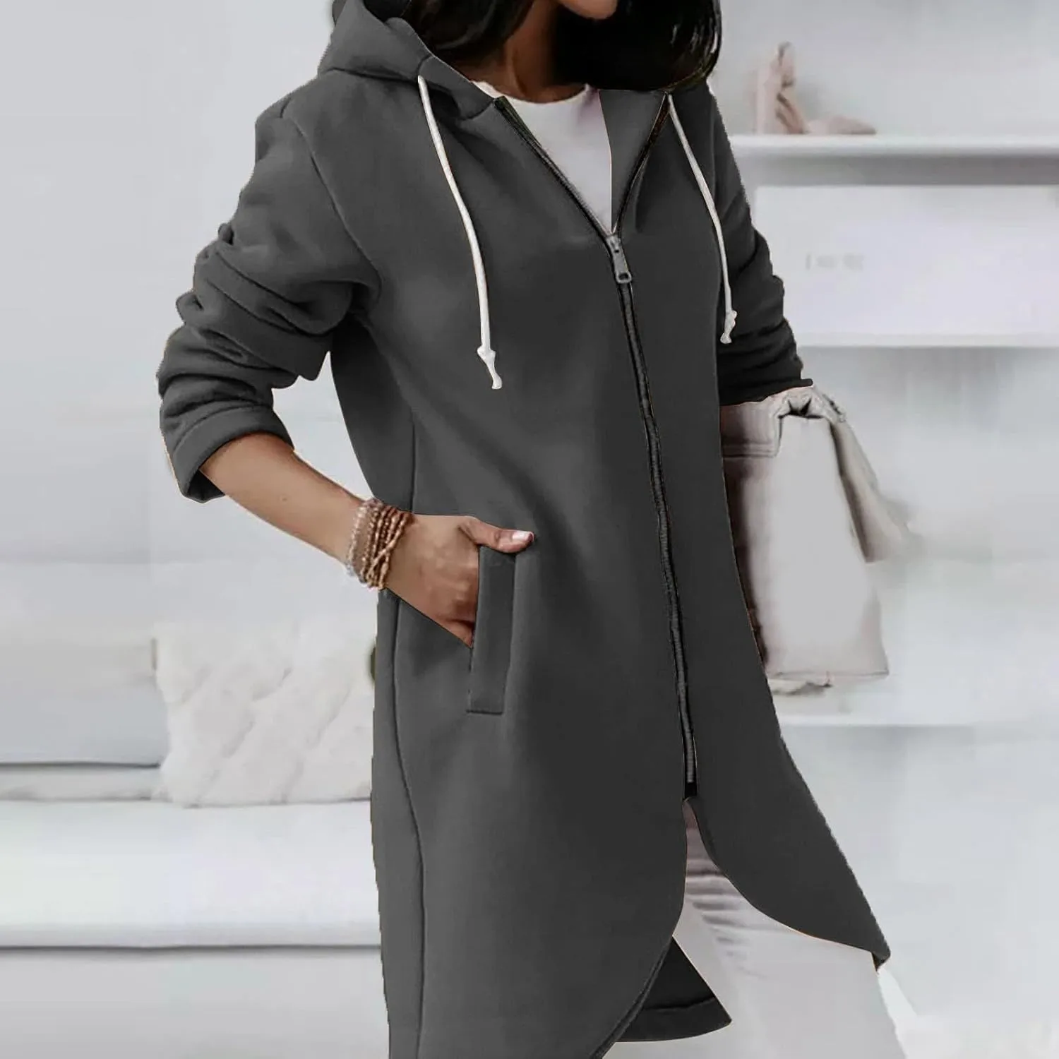 Women Long Zipper Hoodie, Long Sleeve Hooded Sweatshirt Fleece Drawstring Jacket Oversized Tunic Cardigan with Pocket
