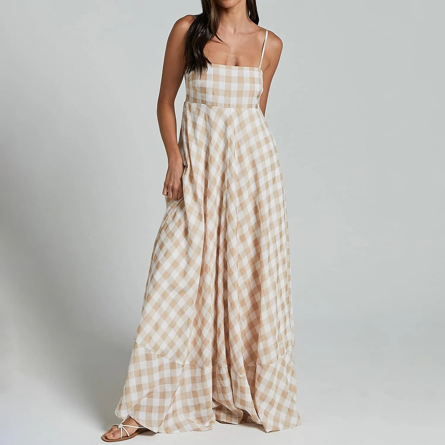 Women Plaid Sleeveless Long Dress Y2k Sleeveless Square Neck Boho Maxi Dresses Summer Casual Ruffled Hem Sundress