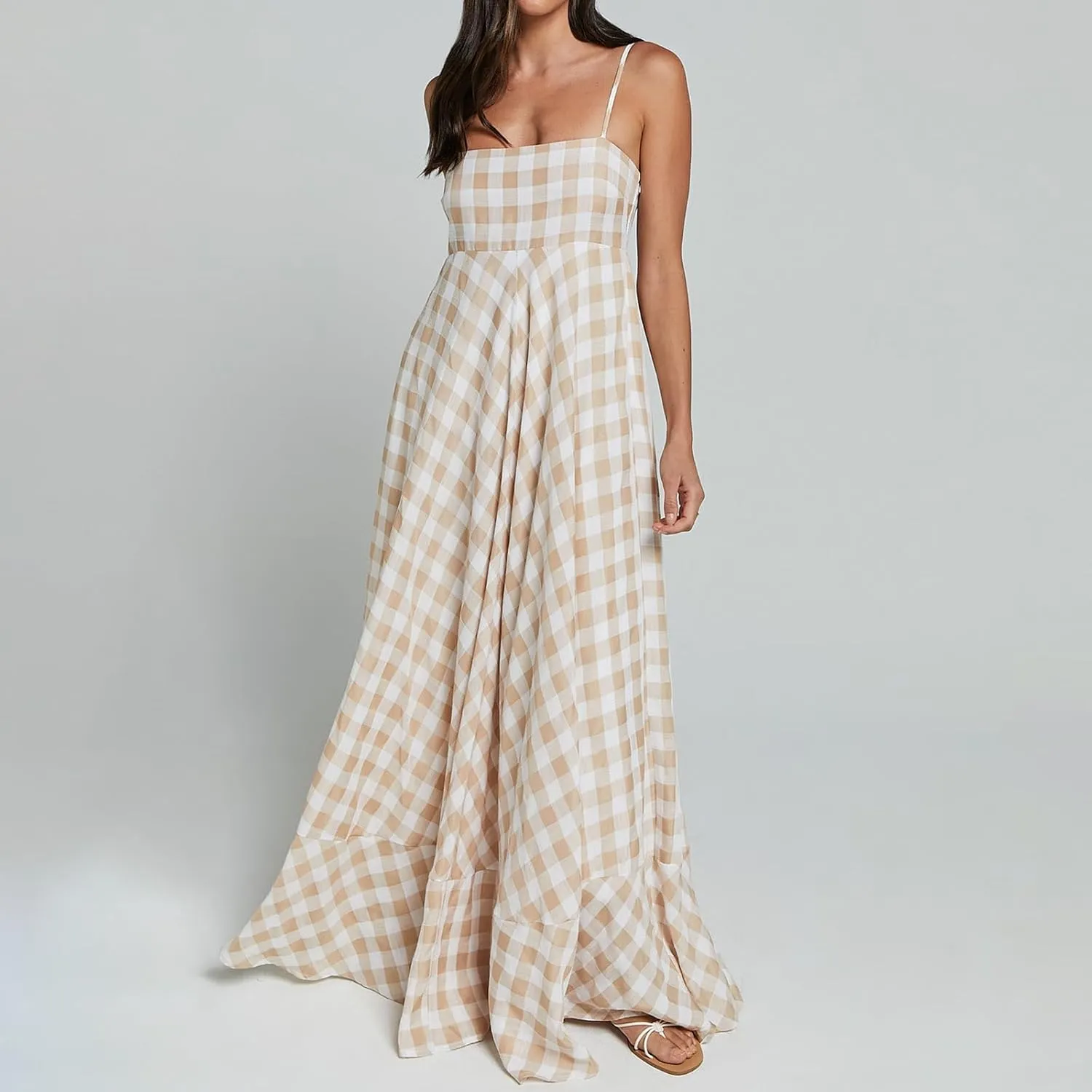 Women Plaid Sleeveless Long Dress Y2k Sleeveless Square Neck Boho Maxi Dresses Summer Casual Ruffled Hem Sundress