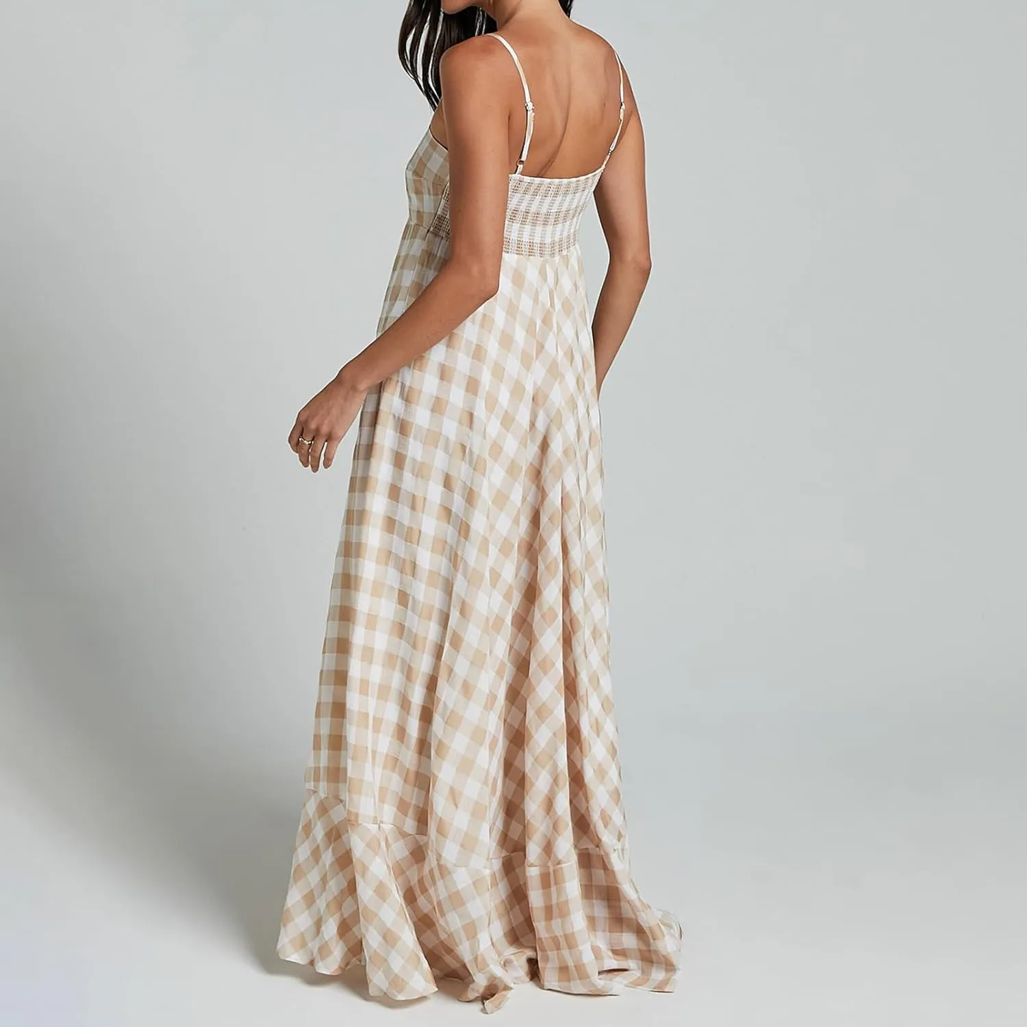 Women Plaid Sleeveless Long Dress Y2k Sleeveless Square Neck Boho Maxi Dresses Summer Casual Ruffled Hem Sundress