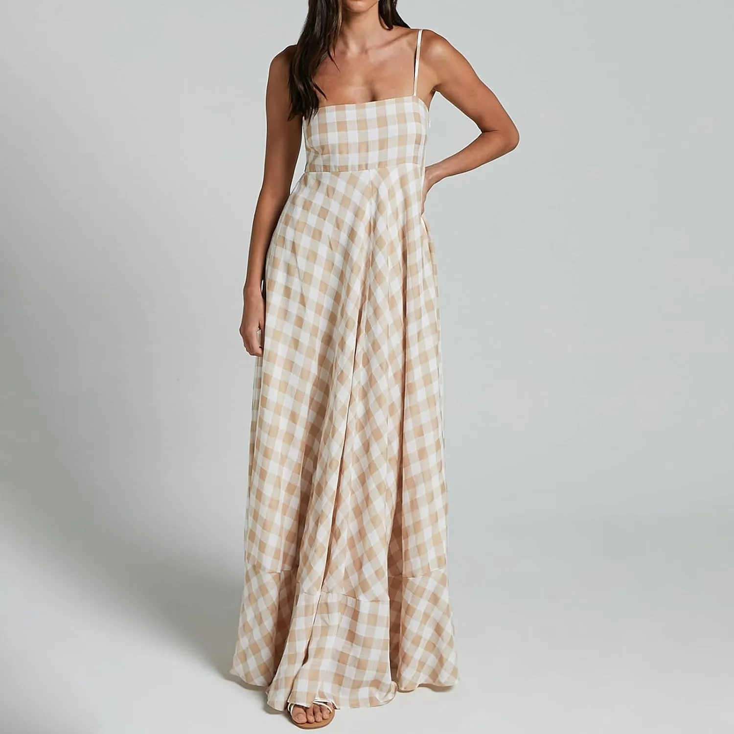Women Plaid Sleeveless Long Dress Y2k Sleeveless Square Neck Boho Maxi Dresses Summer Casual Ruffled Hem Sundress