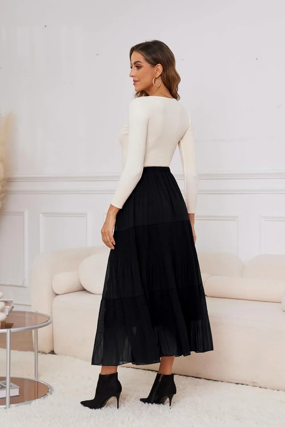 Women Pleated High Waist Skirts 2024 Fall Outfits Elegant Flowy A-Line Maxi Skirt