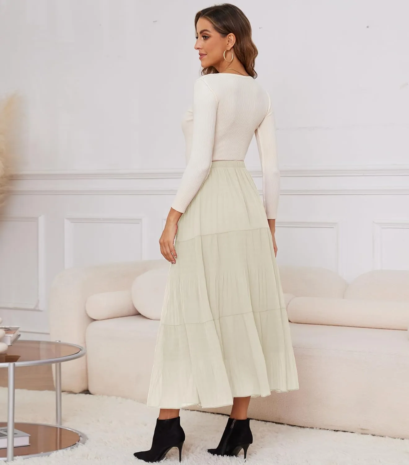 Women Pleated High Waist Skirts 2024 Fall Outfits Elegant Flowy A-Line Maxi Skirt