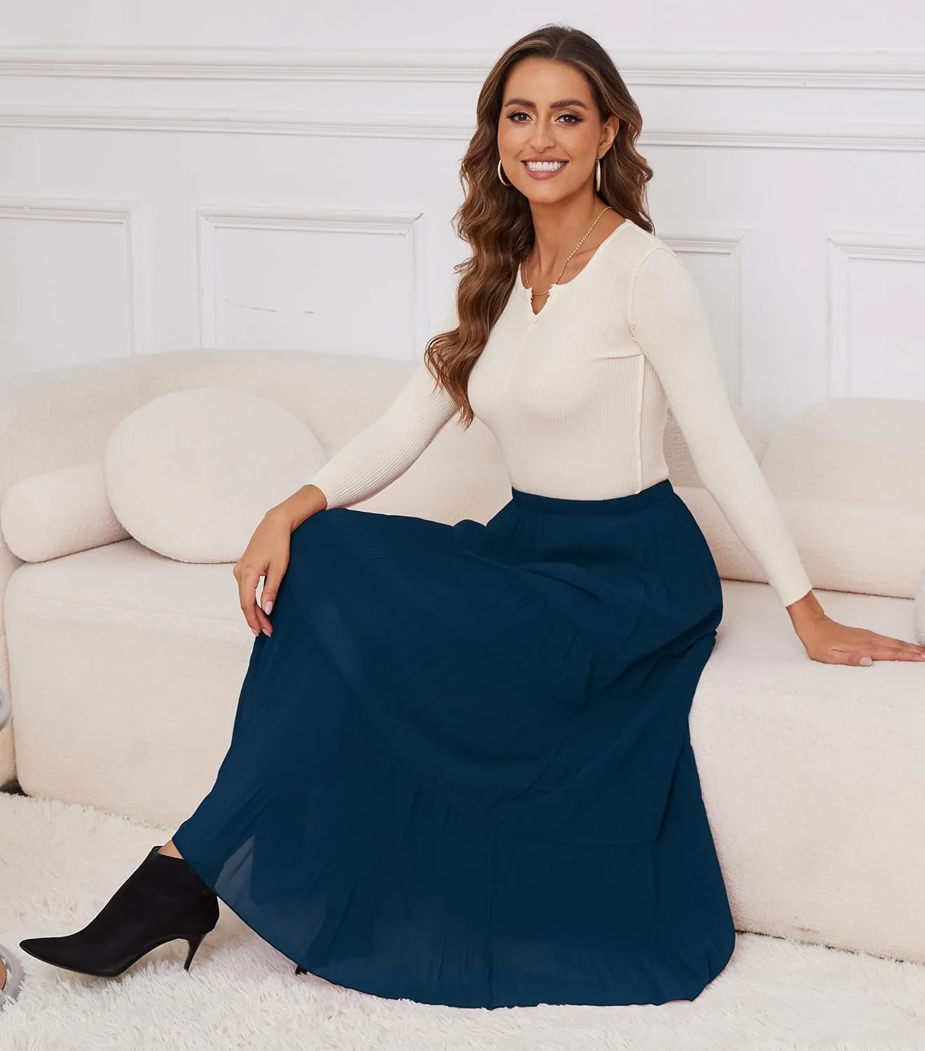 Women Pleated High Waist Skirts 2024 Fall Outfits Elegant Flowy A-Line Maxi Skirt