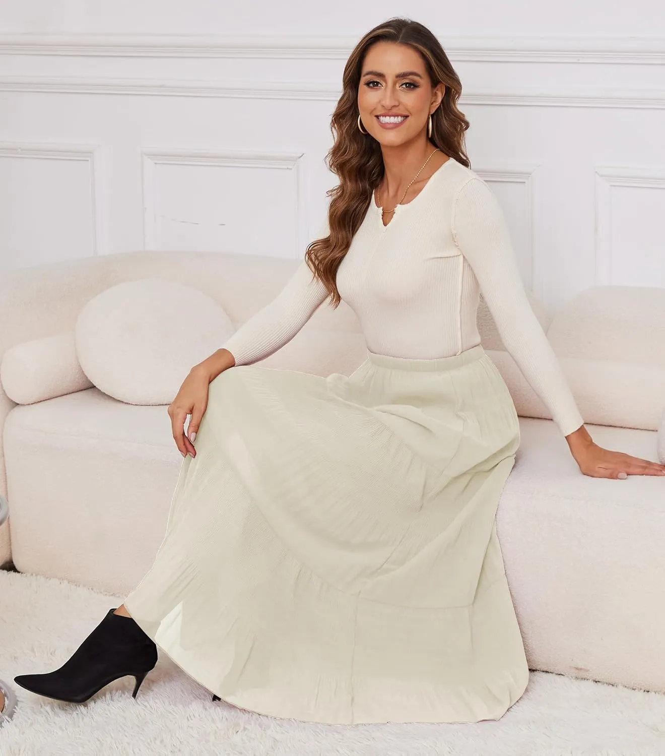 Women Pleated High Waist Skirts 2024 Fall Outfits Elegant Flowy A-Line Maxi Skirt