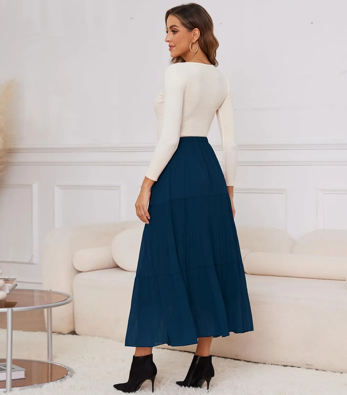 Women Pleated High Waist Skirts 2024 Fall Outfits Elegant Flowy A-Line Maxi Skirt
