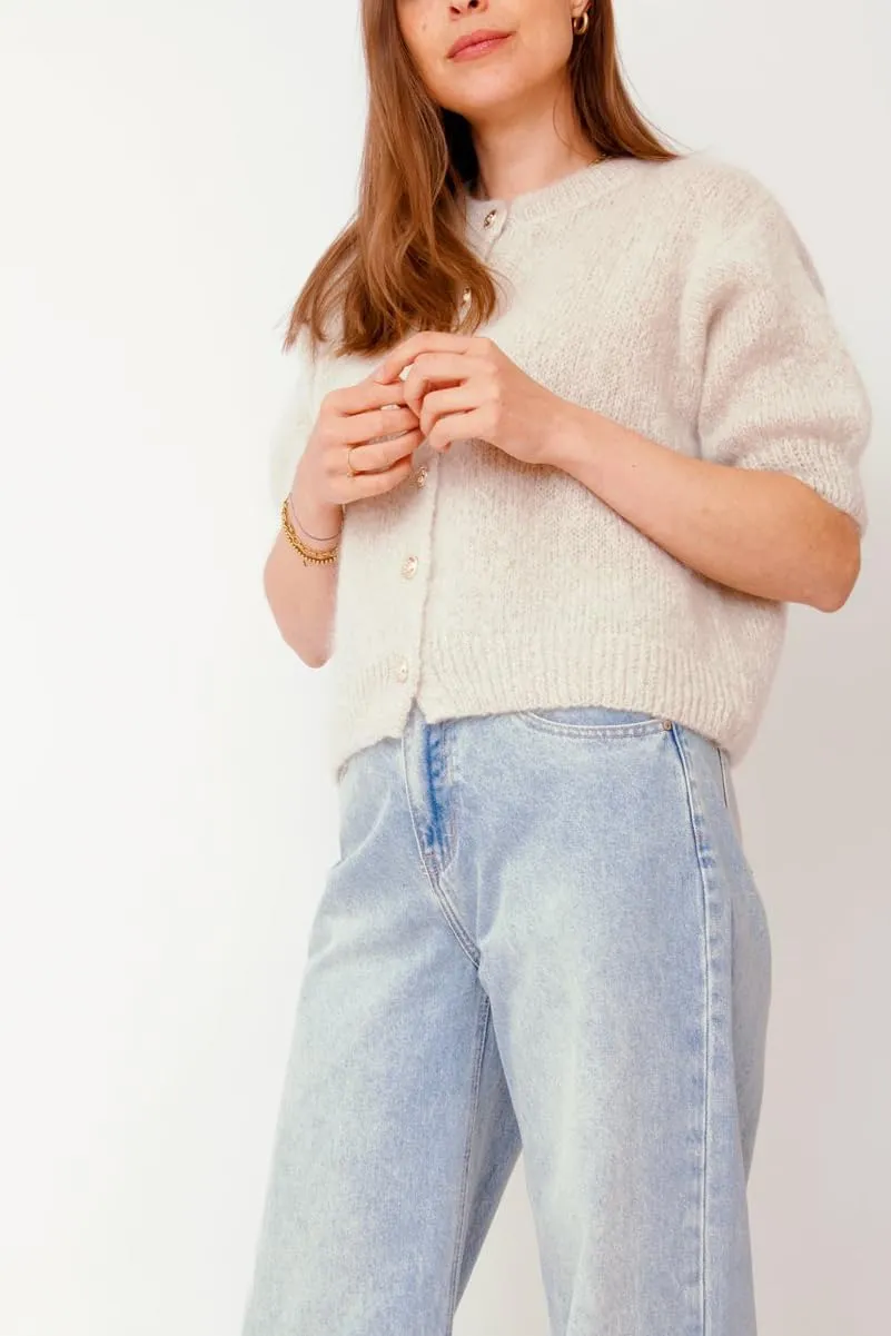Women Short Sleeve Sweater Cropped Cardigan Button Front Knit Chunky Vest Trendy Y2k Preppy Girl Knitted Top Shirt