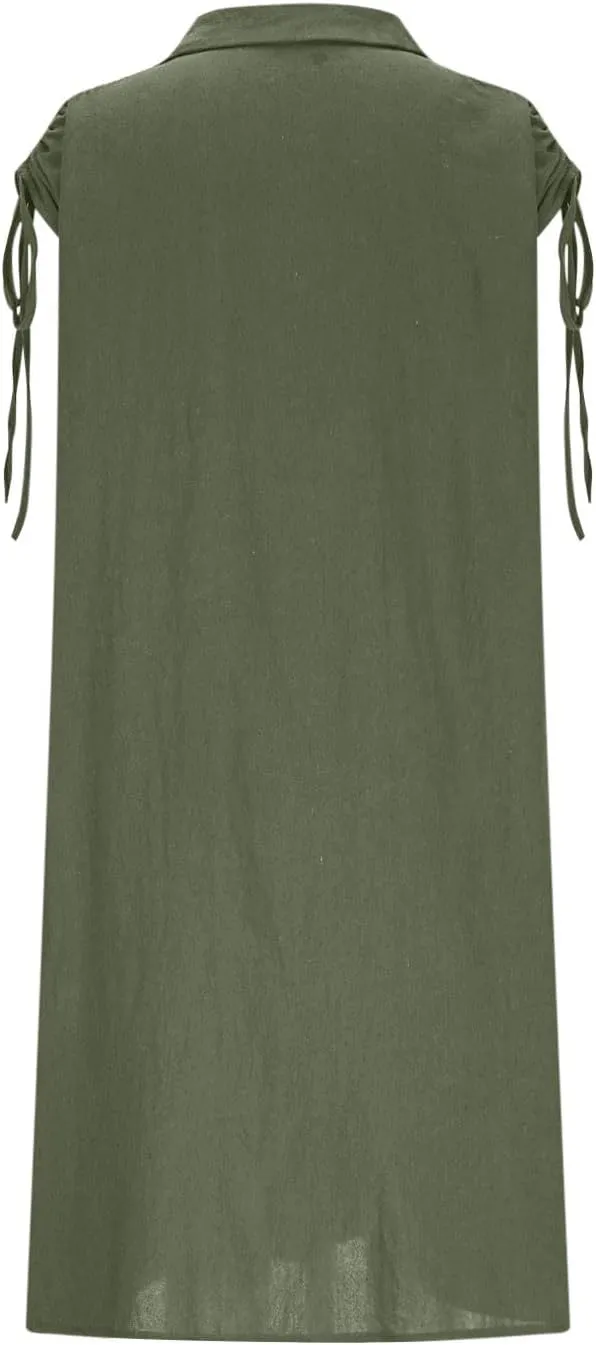 Women Summer Casual Loose Button Down Shirt Dress Tie Short Sleeve V Neck Lapel Collar Mini Dresses Beach Cover Ups