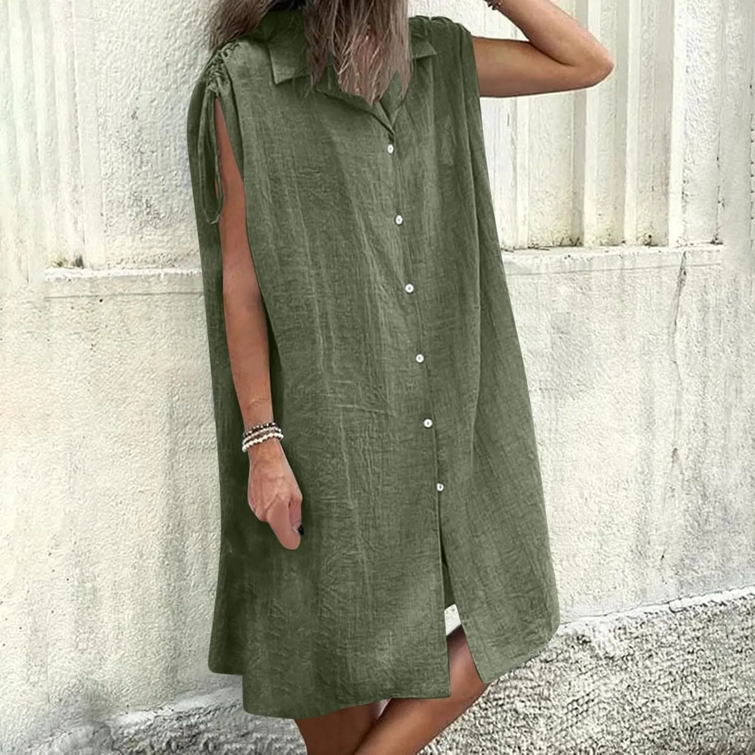Women Summer Casual Loose Button Down Shirt Dress Tie Short Sleeve V Neck Lapel Collar Mini Dresses Beach Cover Ups