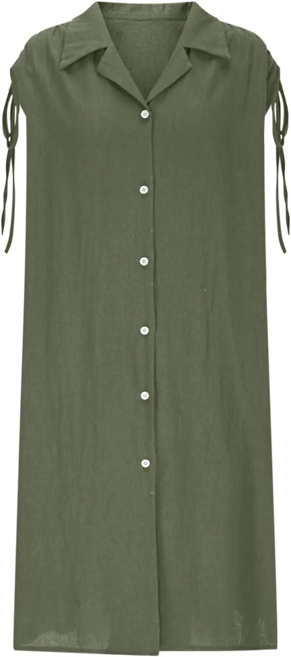 Women Summer Casual Loose Button Down Shirt Dress Tie Short Sleeve V Neck Lapel Collar Mini Dresses Beach Cover Ups