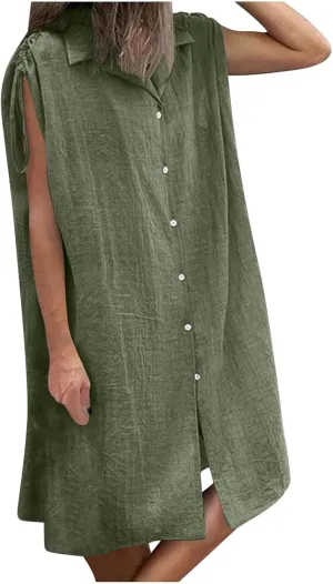 Women Summer Casual Loose Button Down Shirt Dress Tie Short Sleeve V Neck Lapel Collar Mini Dresses Beach Cover Ups