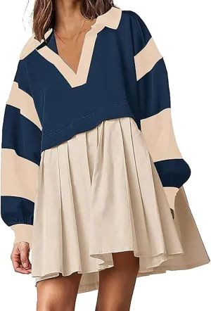 Women Sweatshirt Dress Patchwork Oversized Trendy Long Sleeve Lapel Color Block Pullover Dress 2024 Fall Short Dress