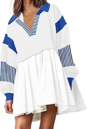 Women Sweatshirt Dress Patchwork Oversized Trendy Long Sleeve Lapel Color Block Pullover Dress 2024 Fall Short Dress