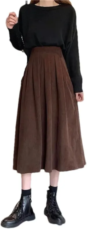 Women Vintage Corduroy Solid Thickening Pleated Skirts Elastic High Waist A-Line Warm Midi Skirt