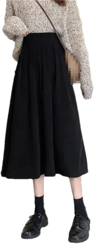 Women Vintage Corduroy Solid Thickening Pleated Skirts Elastic High Waist A-Line Warm Midi Skirt