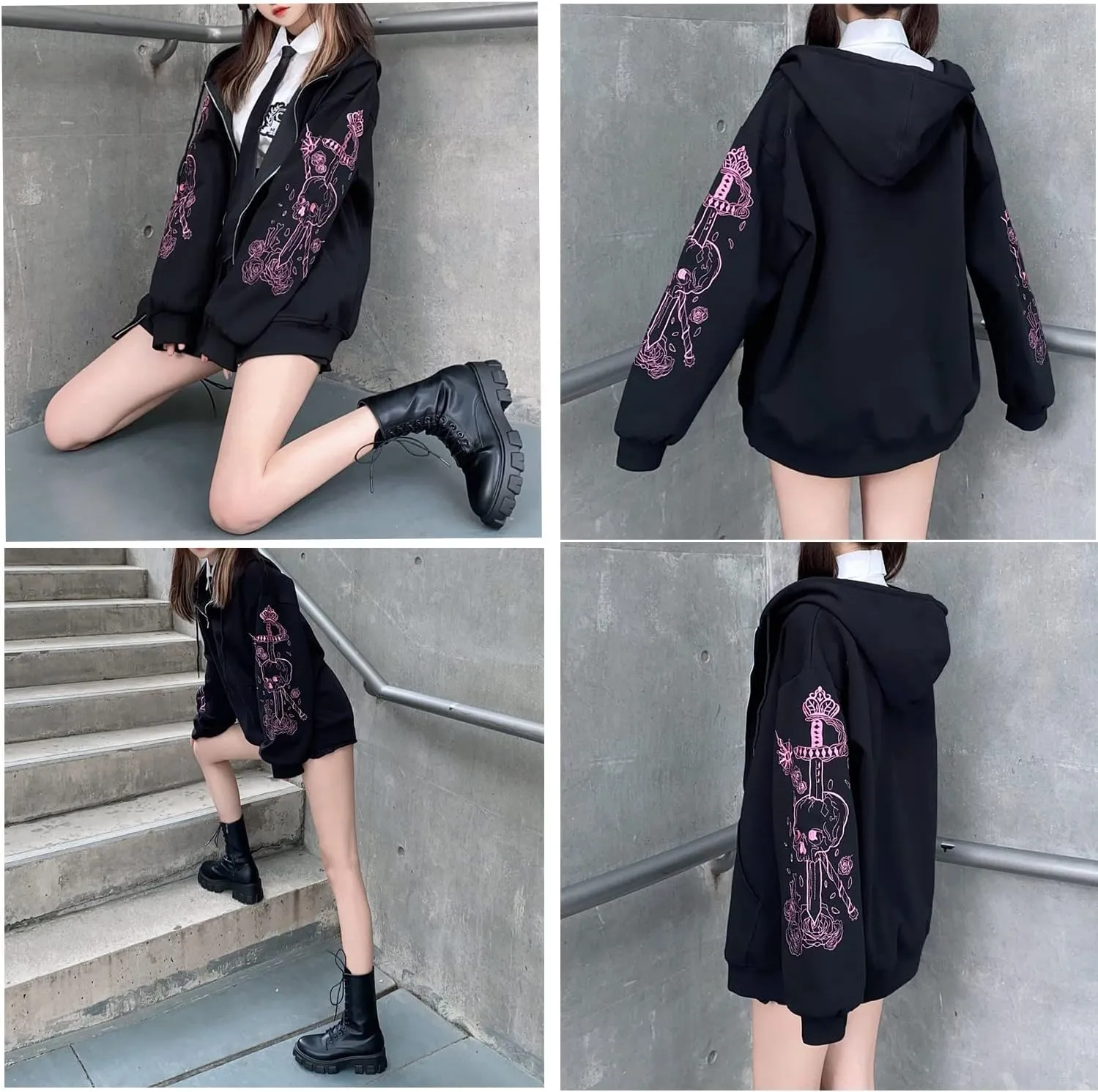 Women y2k Skull Print Streetwear Hoodies Skeleton Harajuku Vintage Goth Emo Egirl Anime Spider Hoodie Zip Up Jaket