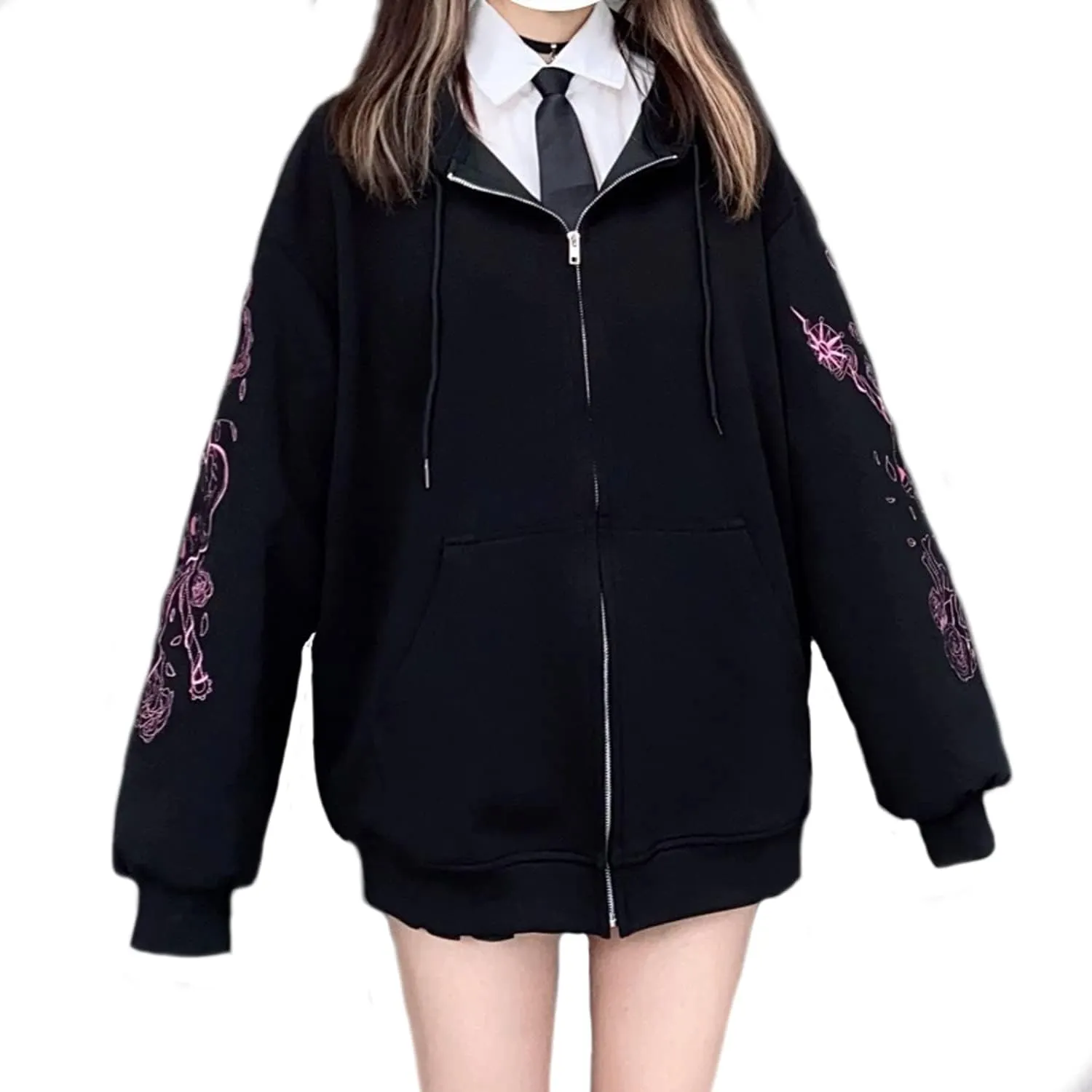 Women y2k Skull Print Streetwear Hoodies Skeleton Harajuku Vintage Goth Emo Egirl Anime Spider Hoodie Zip Up Jaket