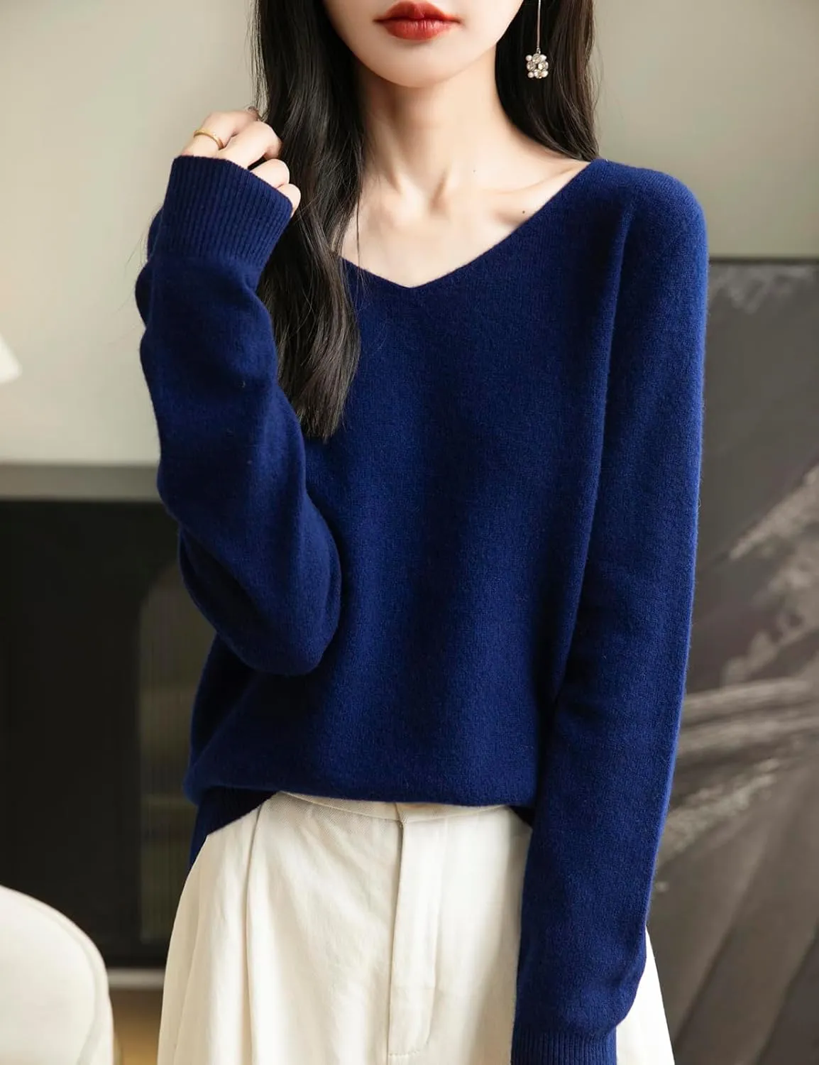 Women's 100% Merino Wool V Neck Sweater 2025 First-Line Ready to Wear Casual Long Sleeve Seamless Knit Sweater