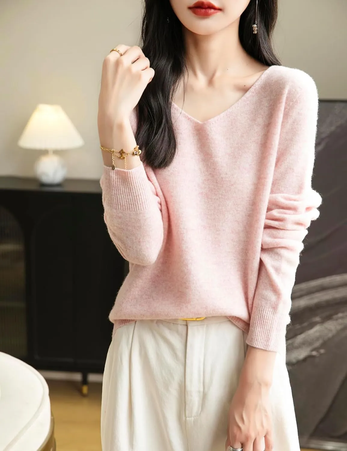 Women's 100% Merino Wool V Neck Sweater 2025 First-Line Ready to Wear Casual Long Sleeve Seamless Knit Sweater