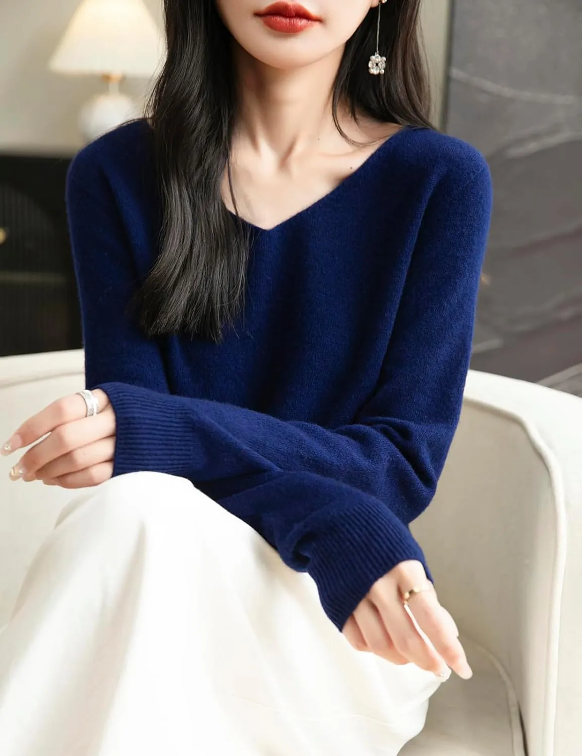 Women's 100% Merino Wool V Neck Sweater 2025 First-Line Ready to Wear Casual Long Sleeve Seamless Knit Sweater