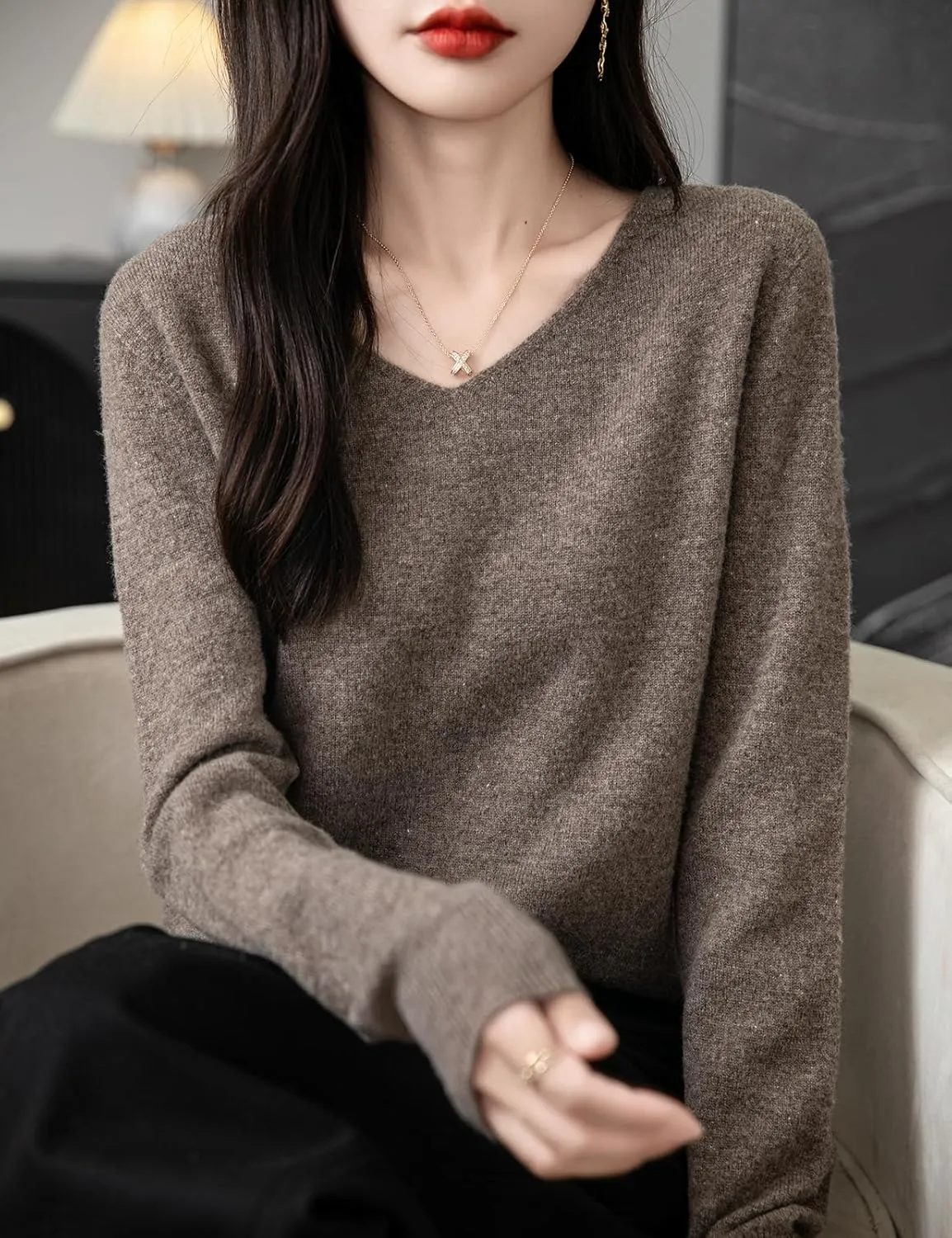 Women's 100% Merino Wool V Neck Sweater 2025 First-Line Ready to Wear Casual Long Sleeve Seamless Knit Sweater