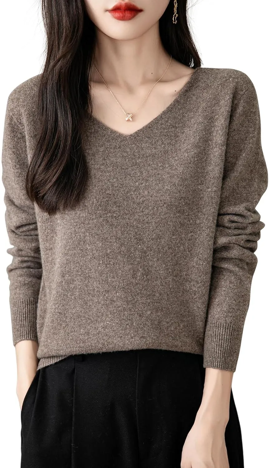 Women's 100% Merino Wool V Neck Sweater 2025 First-Line Ready to Wear Casual Long Sleeve Seamless Knit Sweater