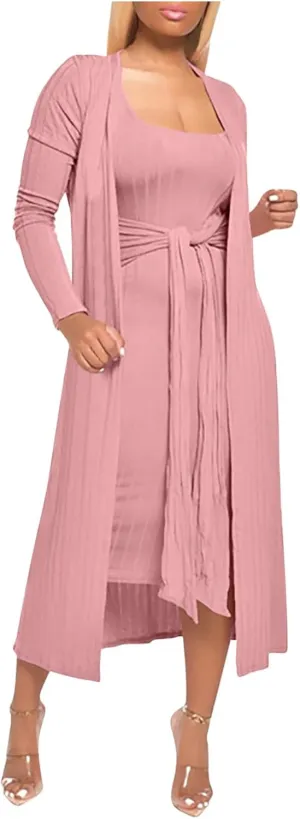 Women's 2 Piece Knitted Outfits Spaghetti Strap Bodycon Midi Dress with Belted Sexy Open Front Long Cardigan Set