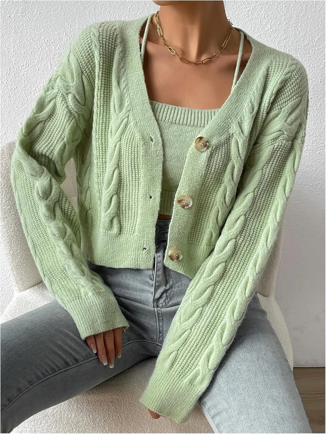 Women's 2 Piece Set Button Down Cardigan Sweater Long Sleeve Sweater V Neck Cable Knit Outerwear Crop Knit Top Set