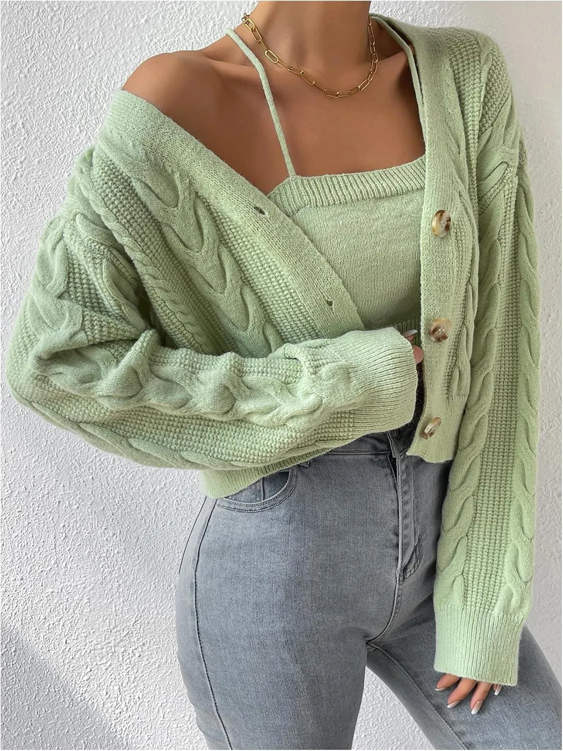 Women's 2 Piece Set Button Down Cardigan Sweater Long Sleeve Sweater V Neck Cable Knit Outerwear Crop Knit Top Set