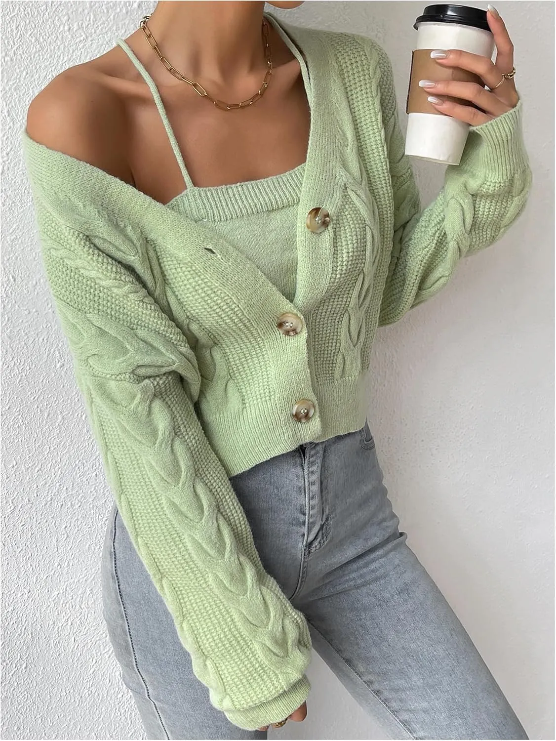 Women's 2 Piece Set Button Down Cardigan Sweater Long Sleeve Sweater V Neck Cable Knit Outerwear Crop Knit Top Set
