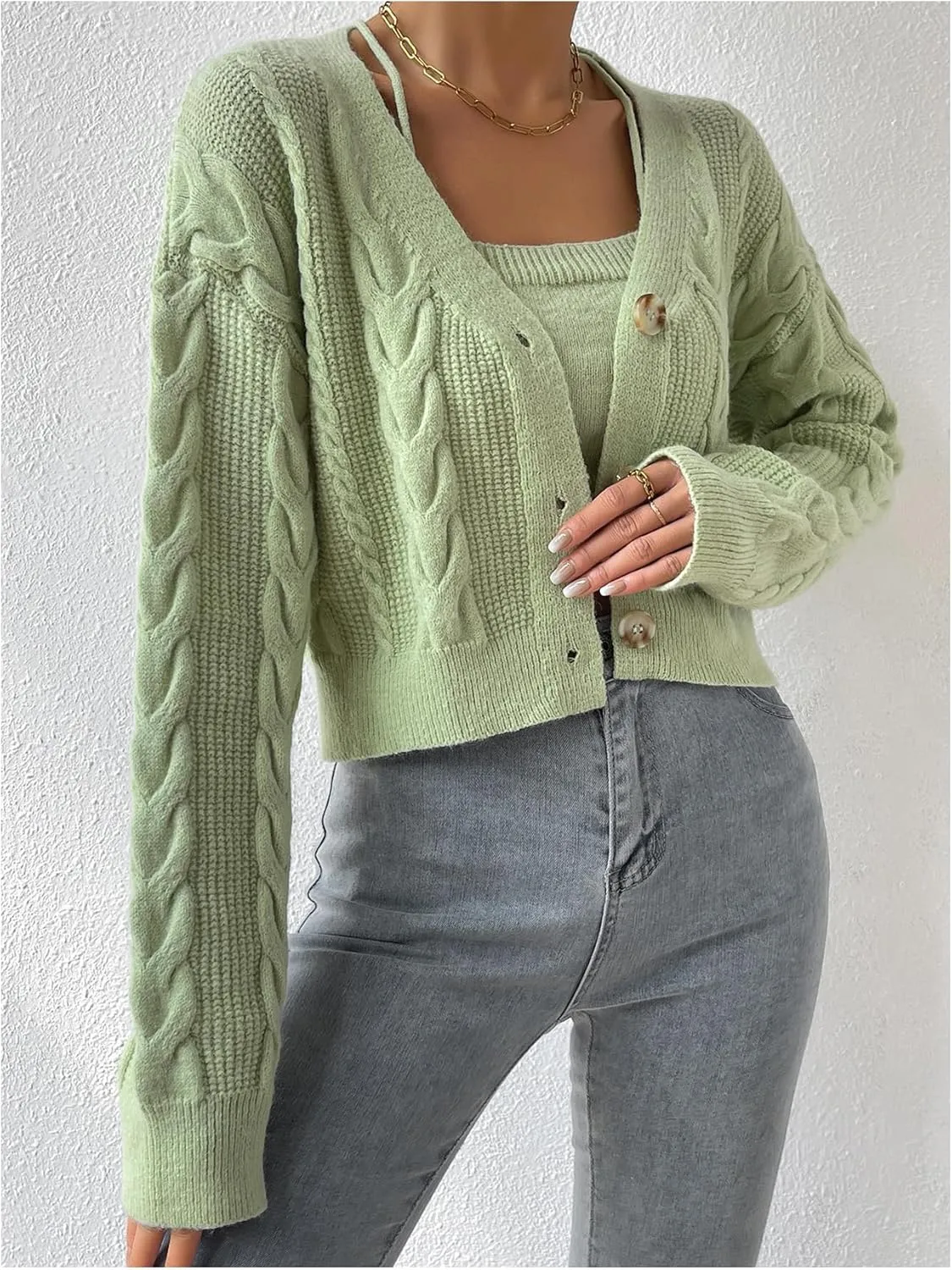 Women's 2 Piece Set Button Down Cardigan Sweater Long Sleeve Sweater V Neck Cable Knit Outerwear Crop Knit Top Set