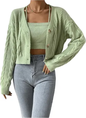 Women's 2 Piece Set Button Down Cardigan Sweater Long Sleeve Sweater V Neck Cable Knit Outerwear Crop Knit Top Set
