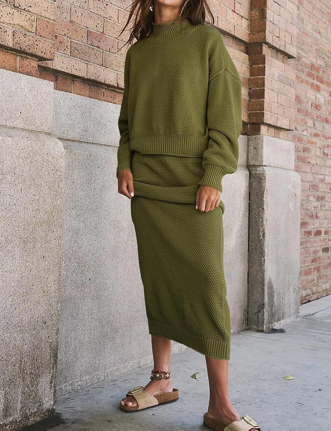 Womens 2 Piece Waffle Knit Lounge Outfits Turtleneck Pullover Sweater High Waist Long Pencil Skirt Set