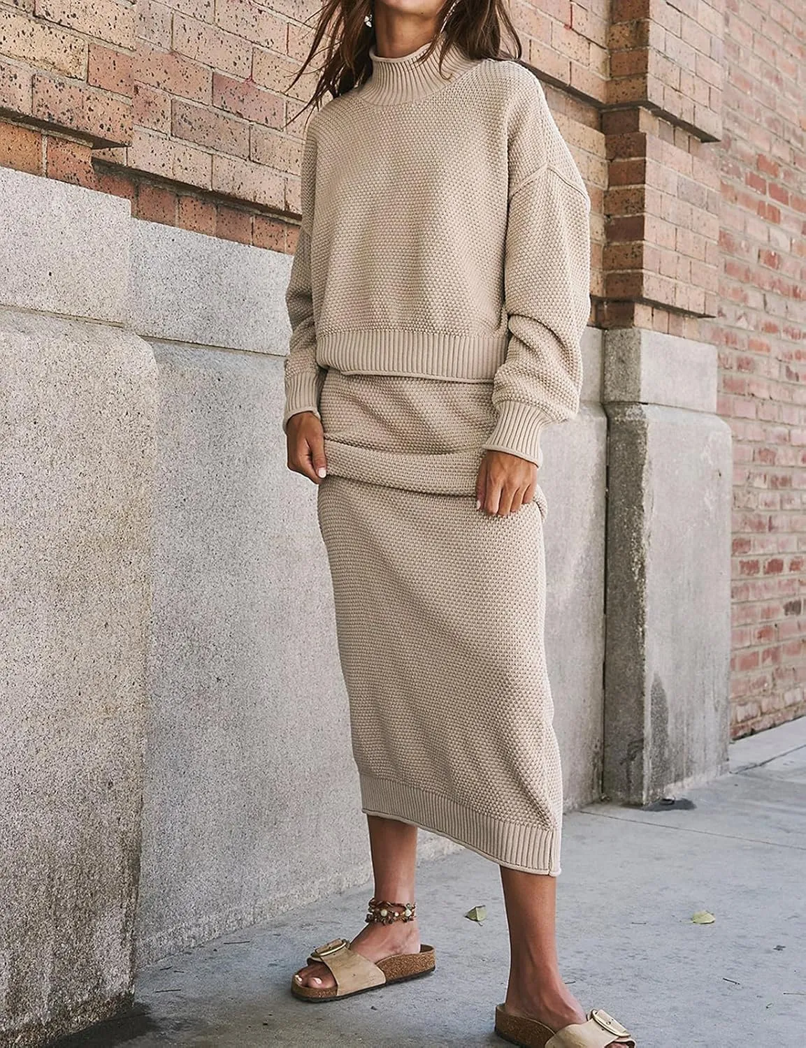 Womens 2 Piece Waffle Knit Lounge Outfits Turtleneck Pullover Sweater High Waist Long Pencil Skirt Set