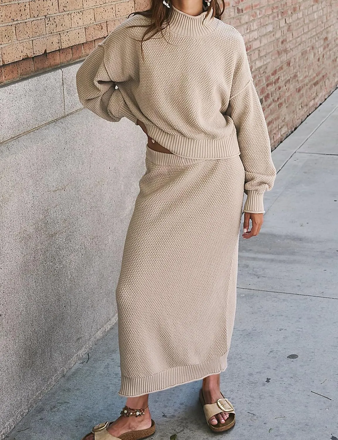 Womens 2 Piece Waffle Knit Lounge Outfits Turtleneck Pullover Sweater High Waist Long Pencil Skirt Set