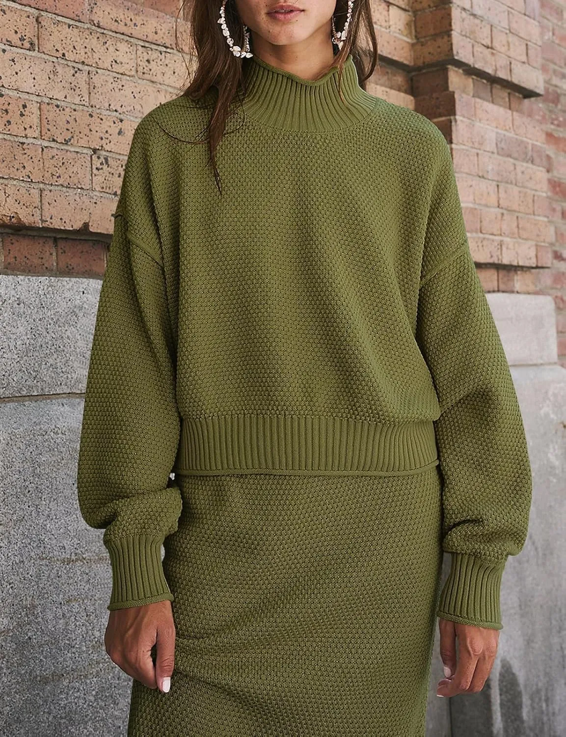 Womens 2 Piece Waffle Knit Lounge Outfits Turtleneck Pullover Sweater High Waist Long Pencil Skirt Set