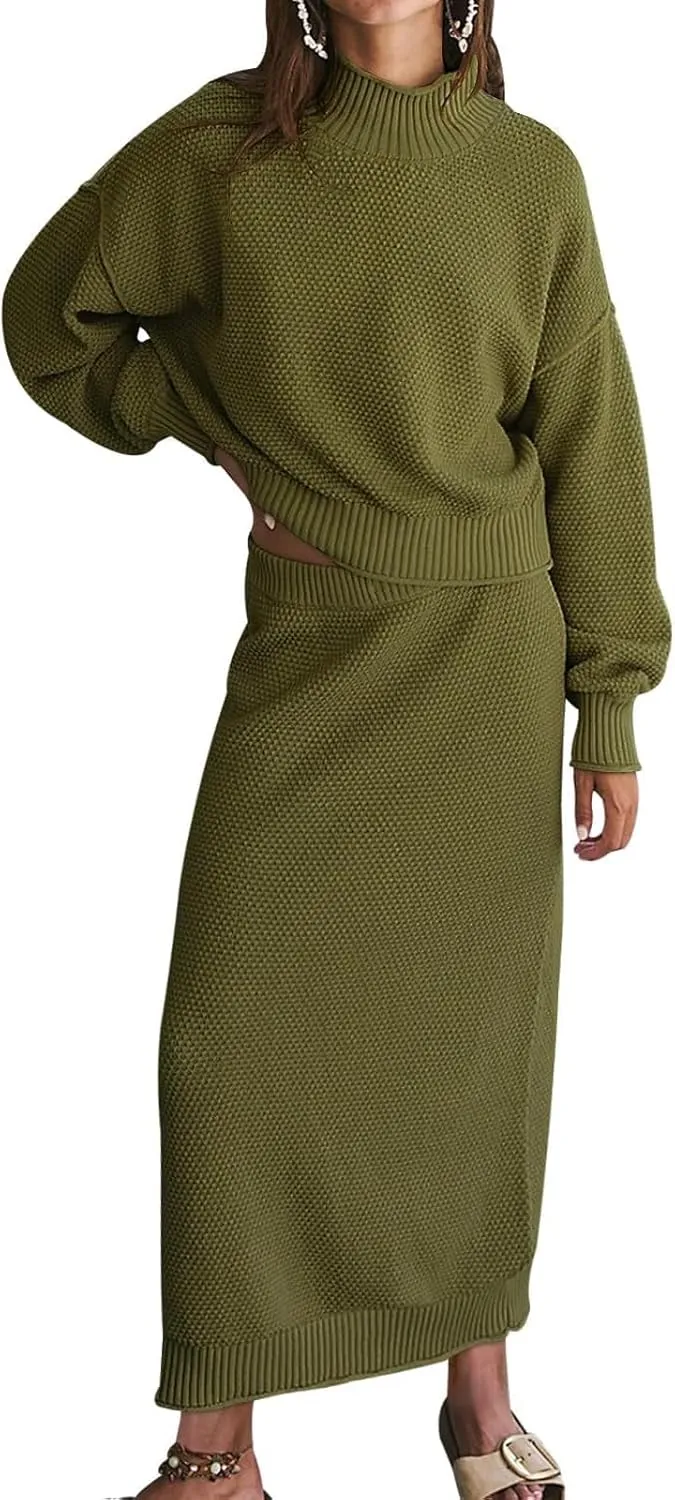 Womens 2 Piece Waffle Knit Lounge Outfits Turtleneck Pullover Sweater High Waist Long Pencil Skirt Set