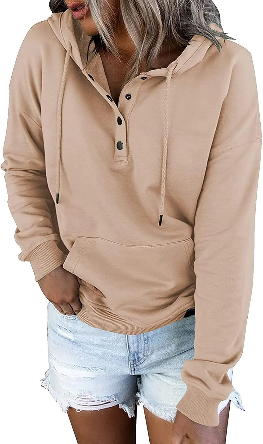 Womens 2022 Hooded Button Collar Drawstring Hoodies Pullover Sweatshirts Casual Long Sleeve Tops Shirts